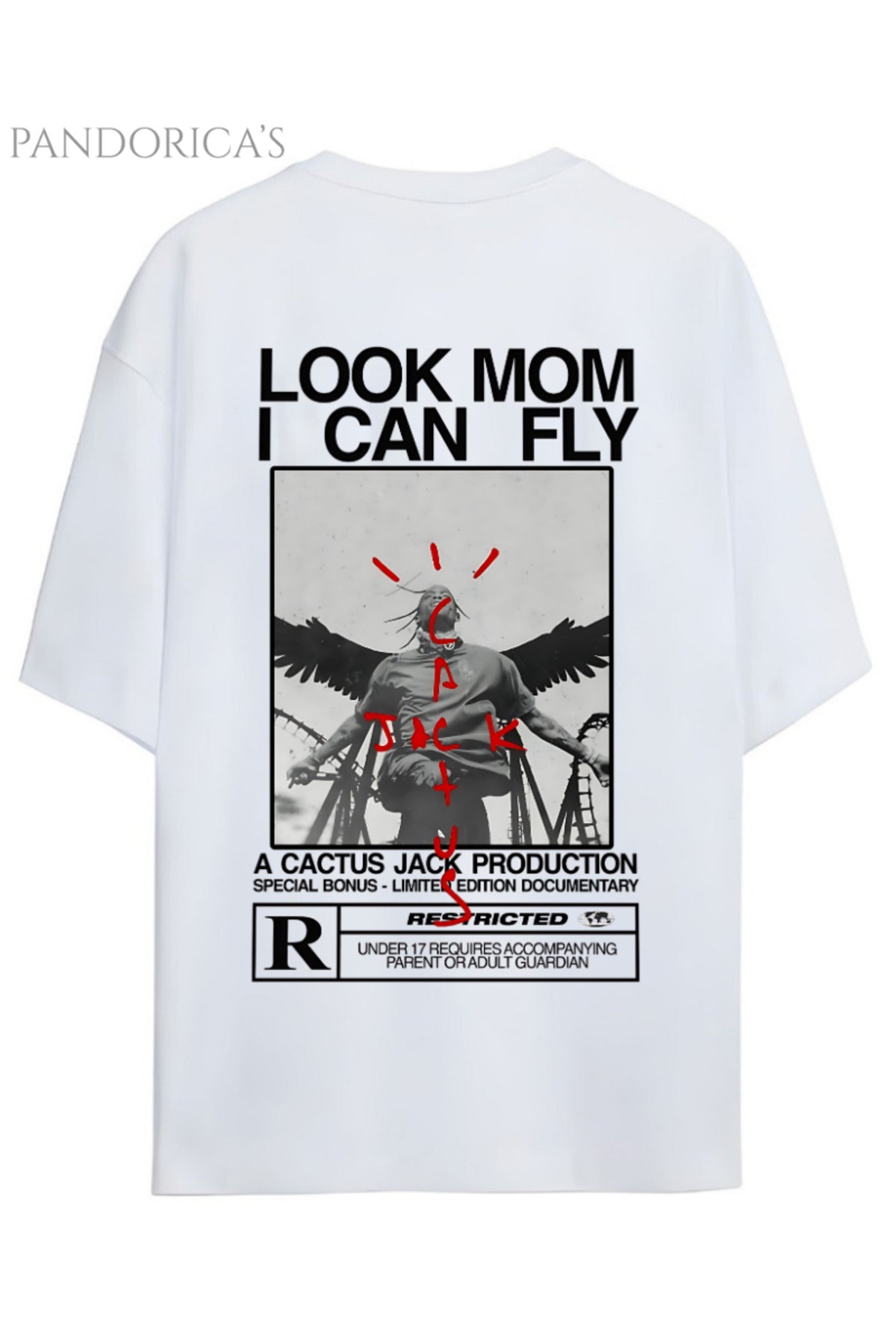 Beyaz Travis Scott Tasarım Serisi "Astroworld Look Mom I Can Fly" Yazılı Sırt Baskılı Pamuklu Unisex Tişört - 33