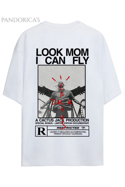 Travis Scott Tasarım Serisi "Astroworld Look Mom I Can Fly" Yazılı Sırt Baskılı Pamuklu Unisex Tişört