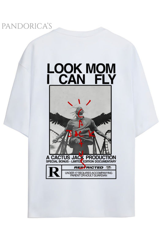 Travis Scott Tasarım Serisi "Astroworld Look Mom I Can Fly" Yazılı Sırt Baskılı Pamuklu Unisex Tişört