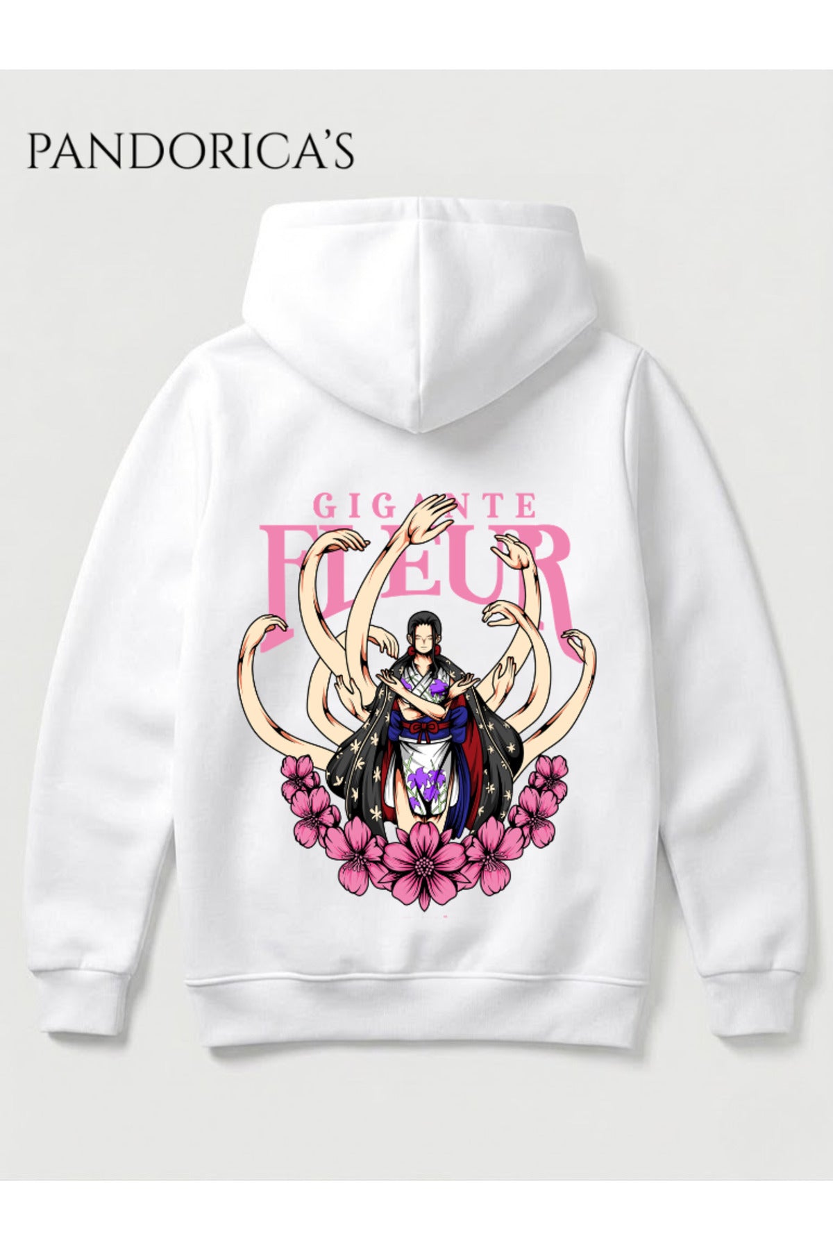 Beyaz One Piece Özel Tasarım Serisi "Gigante Fleur" Yazılı Sırt Baskılı Unisex Kapüşonlu Pamuklu Sweatshirt (Hoodie) - 5