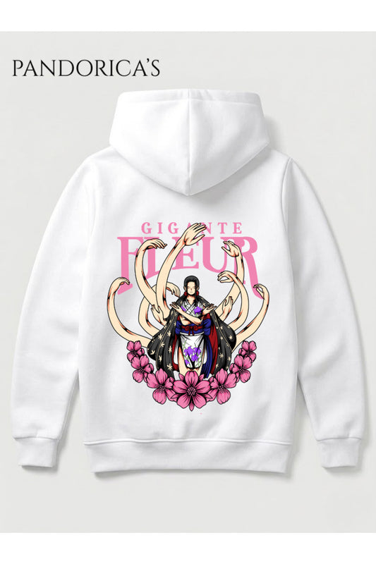 One Piece Özel Tasarım Serisi "GIGANTE FLEUR" Yazılı Sırt Baskılı Unisex Kapüşonlu Pamuklu Sweatshirt (Hoodie)