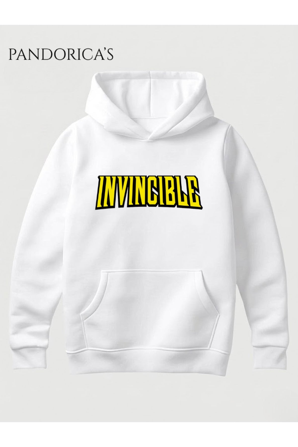 Beyaz Invincible Tasarım Serisi İkonik Fontta Yazılı Baskılı Unisex Kapüşonlu Pamuklu Sweatshirt (Hoodie) - 5