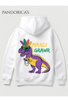 DİNO Tasarım Serisi "MARDI GRAWR" Yazılı Sırt Baskılı Unisex Kapüşonlu Pamuklu Sweatshirt (Hoodie)