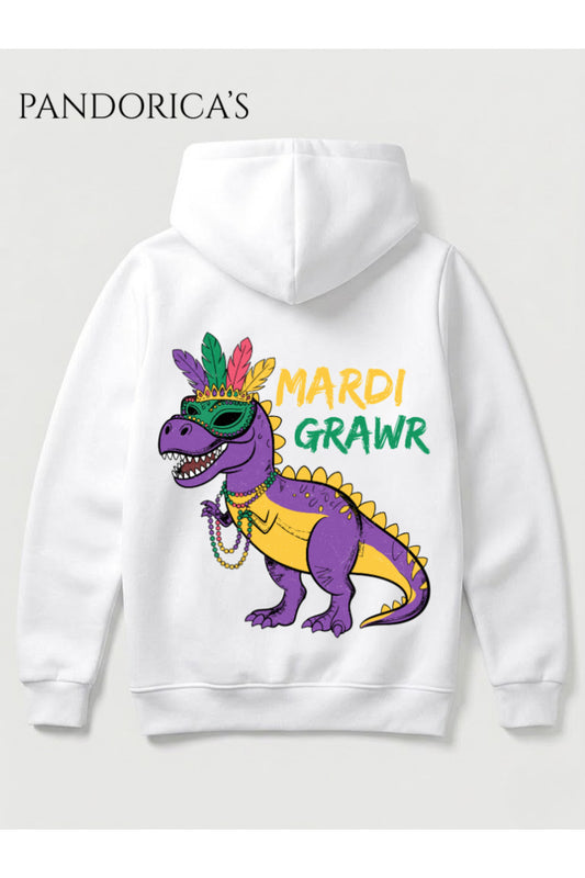DİNO Tasarım Serisi "MARDI GRAWR" Yazılı Sırt Baskılı Unisex Kapüşonlu Pamuklu Sweatshirt (Hoodie)