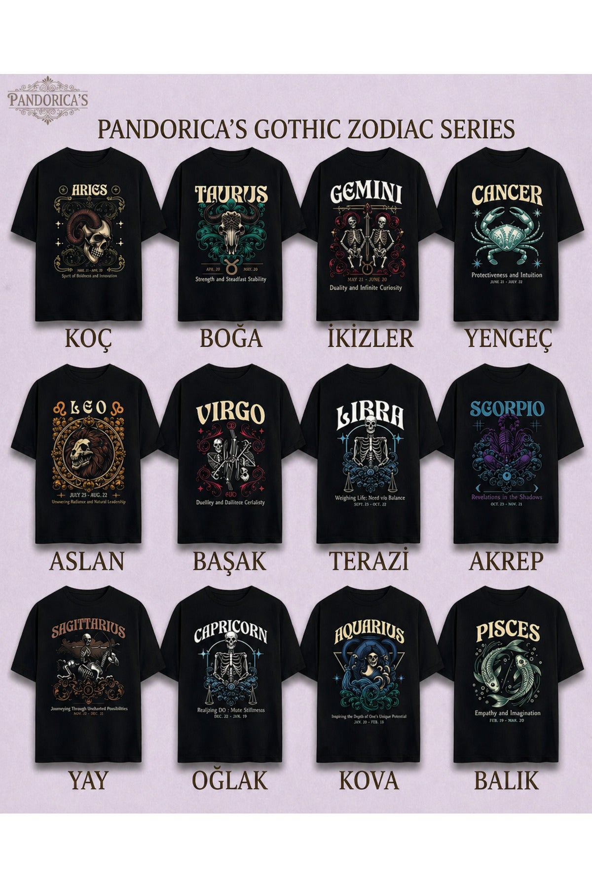 Gothic Zodyak Tasarım Serisi Scorpio (Akrep Burcu) Yazılı Baskılı Pamuklu Unisex Tişört