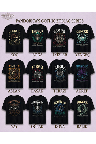 Gothic Zodyak Tasarım Serisi Scorpio (Akrep Burcu) Yazılı Baskılı Pamuklu Unisex Tişört