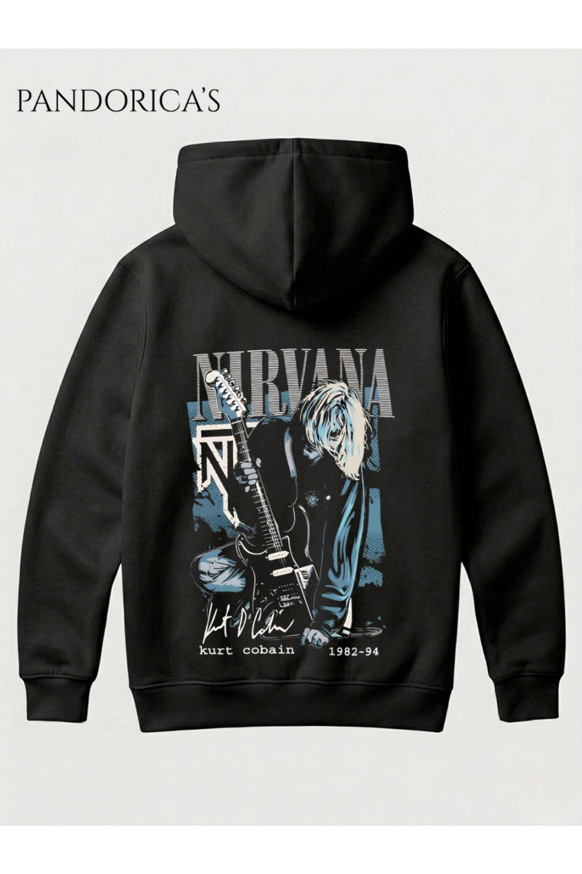 Siyah Nirvana Kurt Cobain Tasarımı Yazılı Sırt Baskılı Unisex Kapüşonlu Pamuklu Sweatshirt Kanguru Cep Hoodie - 96
