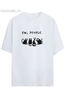 Pandorica's Komik Tasarım Kedi Baskılı Eew People Yazılı Unisex Pamuklu T-shirt