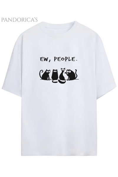 Pandorica's Komik Tasarım Kedi Baskılı Eew People Yazılı Unisex Pamuklu T-shirt