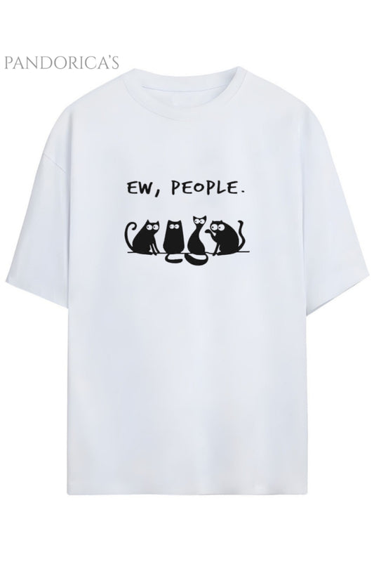 Pandorica's Komik Tasarım Kedi Baskılı Eew People Yazılı Unisex Pamuklu T-shirt