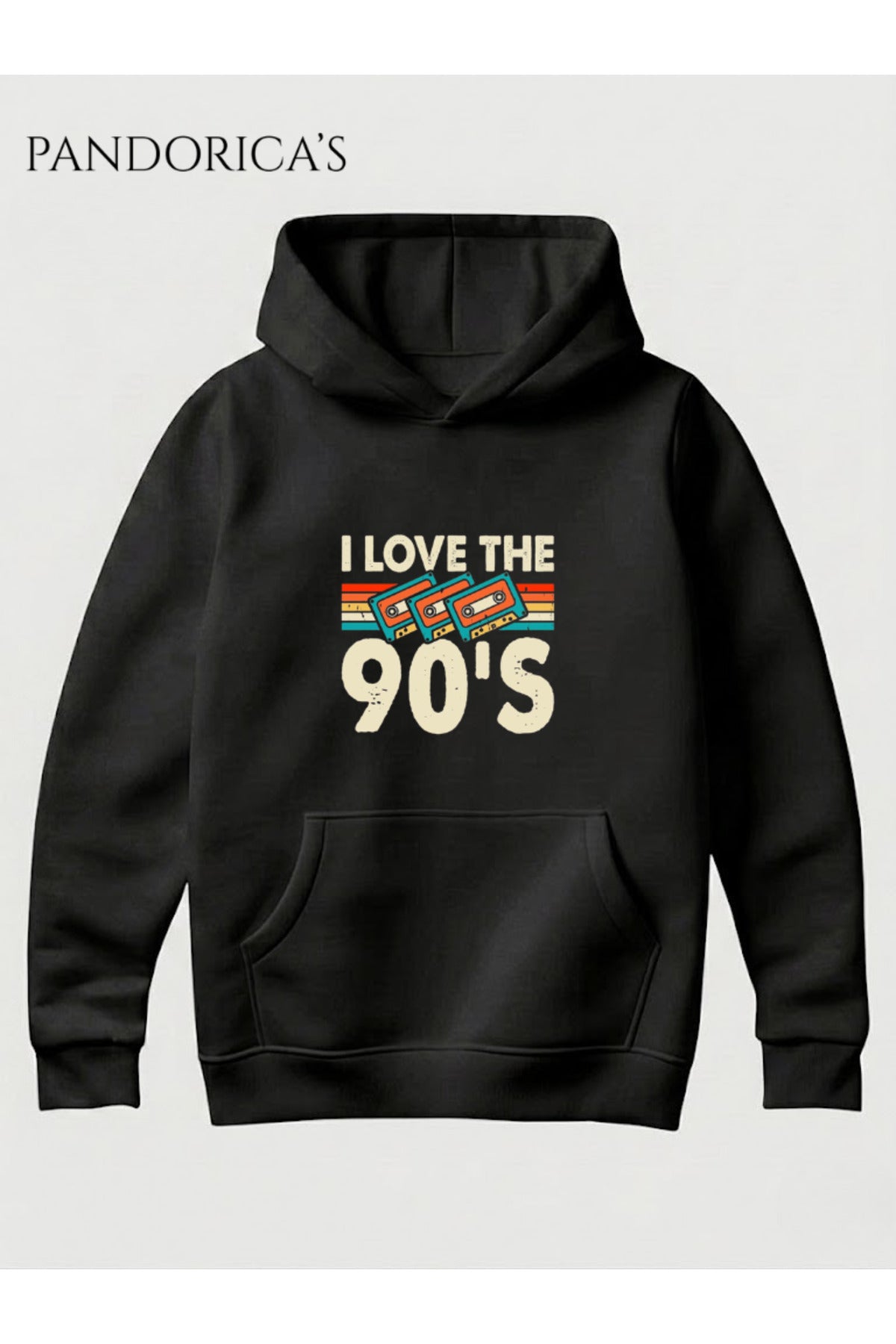 Siyah 90lar "I Love 90'S" Yazılı Baskılı Retro Tasarım Baskılı Unisex Kapüşonlu Pamuklu Sweatshirt Hoodie - 78