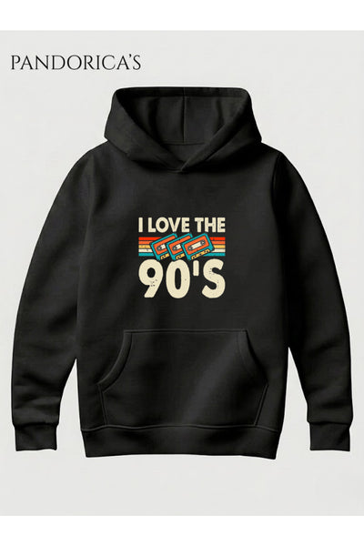 90lar "I LOVE 90'S" Yazılı Baskılı Retro Tasarım Baskılı Unisex Kapüşonlu Pamuklu Sweatshirt Hoodie