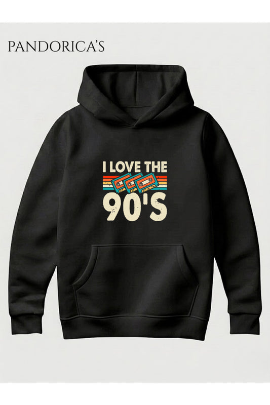 90lar "I LOVE 90'S" Yazılı Baskılı Retro Tasarım Baskılı Unisex Kapüşonlu Pamuklu Sweatshirt Hoodie