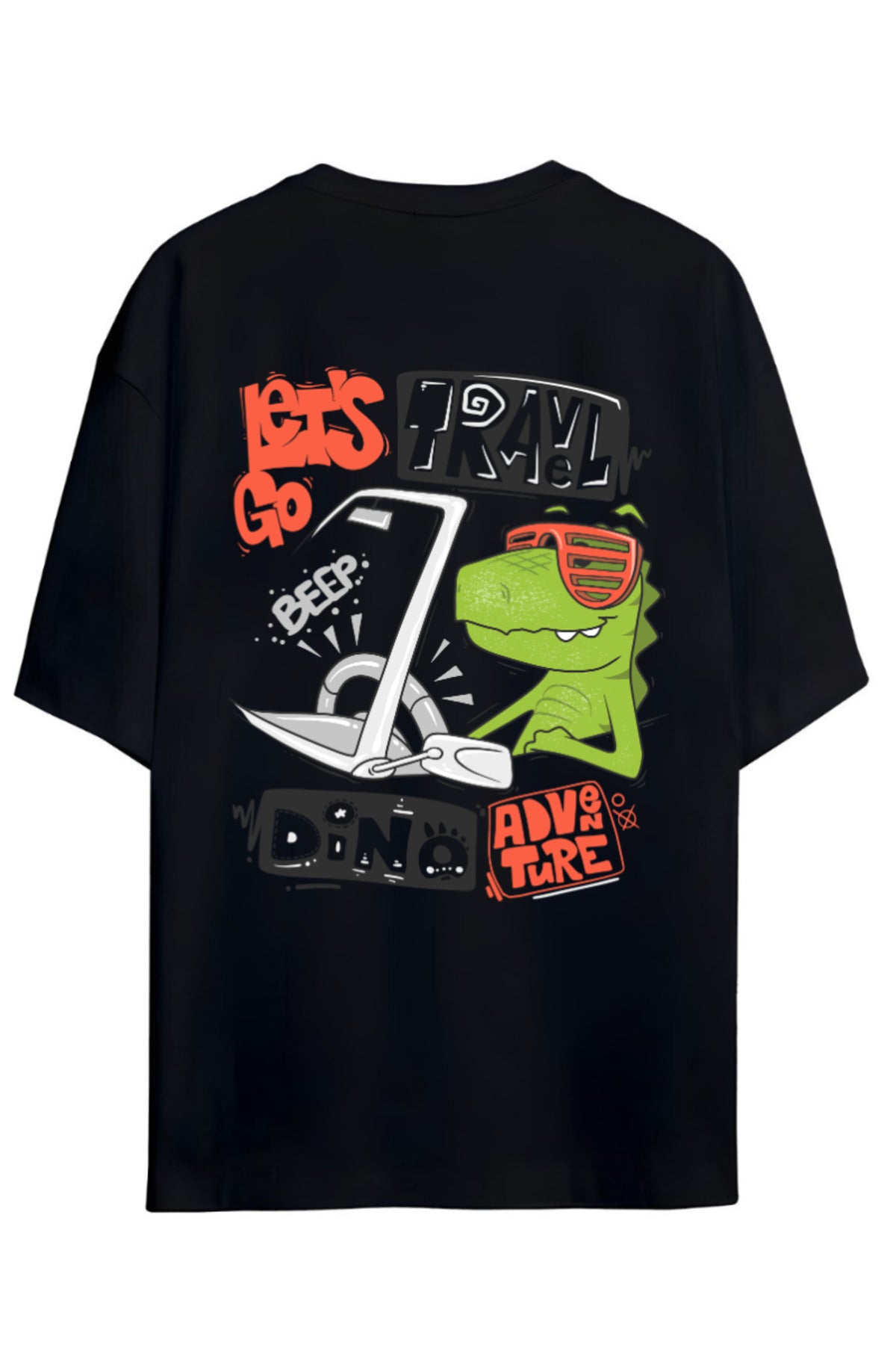 Siyah Dino Tasarım Serisi -Seyyah Dino- Yazılı Dinazor Sırt Baskılı Pamuklu Unisex Tişört - 61