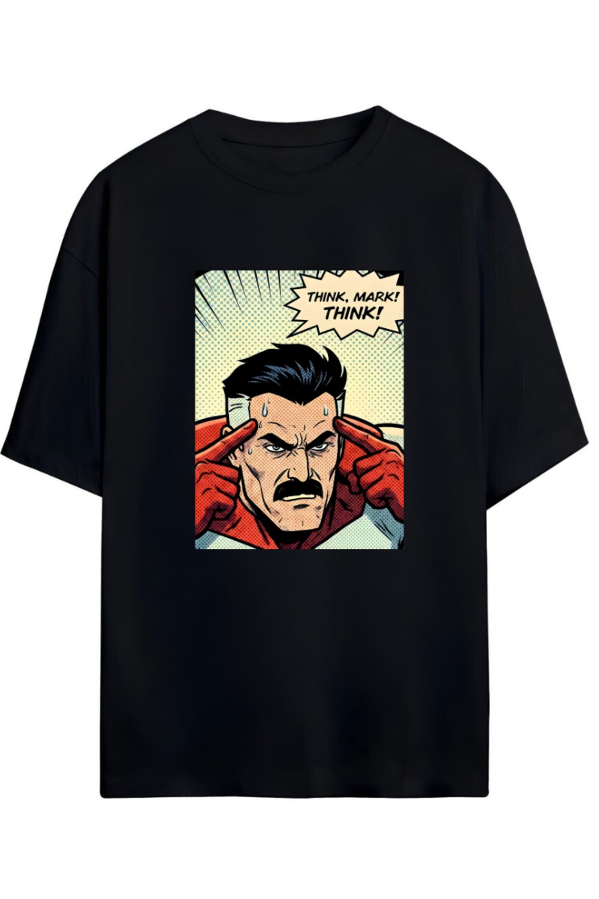 Invincible Nolan Omni-Man "Think Mark,Think"Yazılı Ön Ve Sırt Baskılı Pamuklu Relaxed Kalıp Unisex Tişört