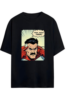 INVINCIBLE NOLAN OMNI-MAN "THINK MARK,THINK"YAZILI ÖN VE SIRT BASKILI PAMUKLU RELAXED KALIP UNISEX TİŞÖRT