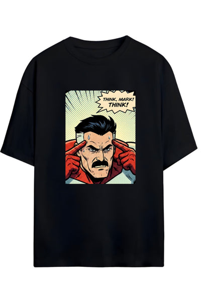 INVINCIBLE NOLAN OMNI-MAN "THINK MARK,THINK"YAZILI ÖN VE SIRT BASKILI PAMUKLU RELAXED KALIP UNISEX TİŞÖRT
