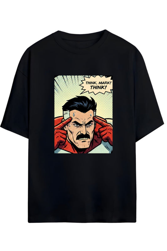 INVINCIBLE NOLAN OMNI-MAN "THINK MARK,THINK"YAZILI ÖN VE SIRT BASKILI PAMUKLU RELAXED KALIP UNISEX TİŞÖRT