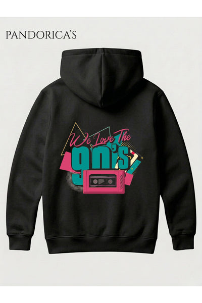Funky 1990lar Retro Tasarımı "WE LOVE 90's" Yazılı SIRT Baskılı Unisex Kapüşonlu Pamuklu Sweatshirt Hoodie