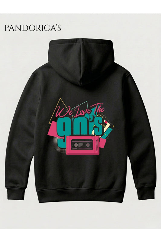Funky 1990lar Retro Tasarımı "WE LOVE 90's" Yazılı SIRT Baskılı Unisex Kapüşonlu Pamuklu Sweatshirt Hoodie