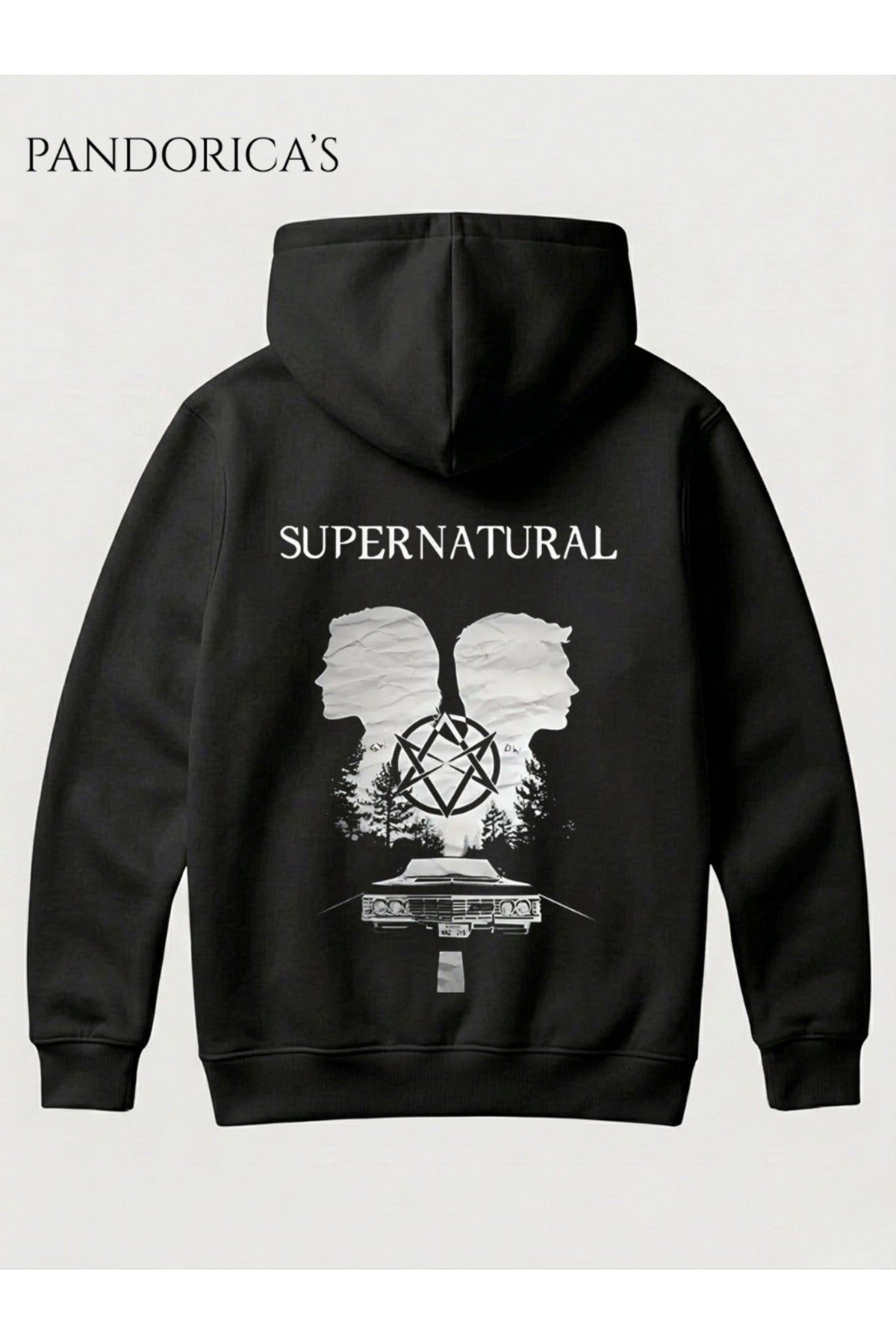 Siyah Supernatural Tasarım Serisi Sam & Dean Winchester Yazılı Sırt Ve Ön Baskılı Unisex Kapüşonlu Pamuklu Sweatshirt Hoodie - 33