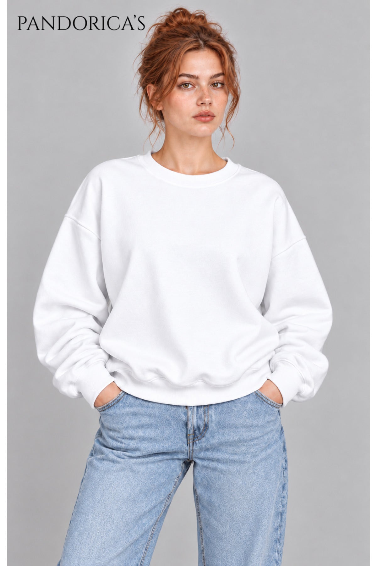 Beyaz Unisex Düz Baskısız Bisiklet Yaka 3 İplik Şardonlu Pamuklu Relaxed Sweatshirt Kışlık