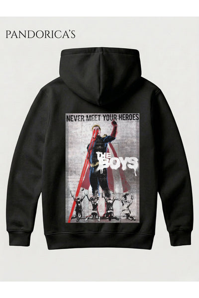 The Boys HOMELANDER Tasarımı "NEVER MEET YOUR HEROES" Yazılı SIRT Baskılı Unisex Kapüşonlu Pamuklu Sweatshirt Hoodie