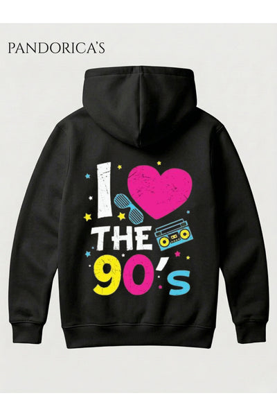 90lar "I LOVE 90'S" Yazılı Retro Tasarımı SIRT BASKILI Unisex Kapüşonlu Pamuklu Sweatshirt Hoodie