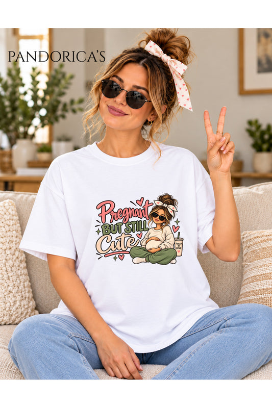 Kadın Hamile Temalı "Pregnant But Still Cute" Yazılı Baskılı Oversize Pamuklu Tişört Bisiklet Yaka