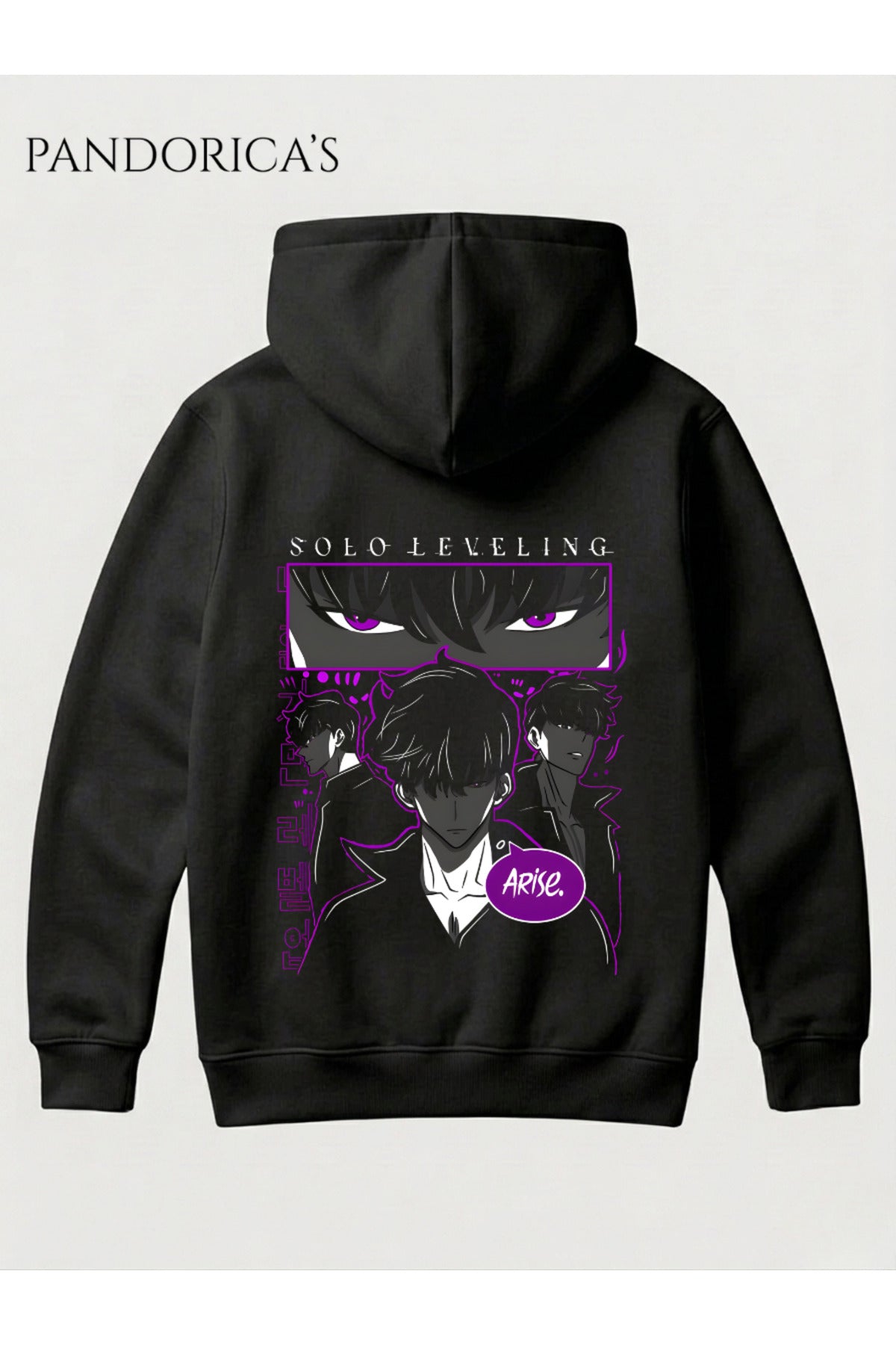Siyah Solo Leveling Anime Sung Jinwoo Tasarımı" Arise" Yazılı Sırt Baskılı Unisex Kapüşonlu Pamuklu Sweatshirt Hoodie - 69
