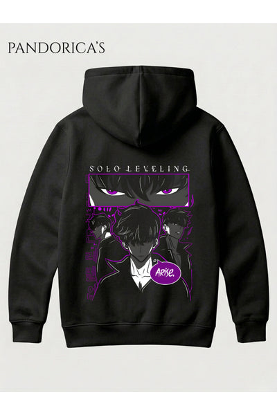SOLO LEVELING ANİME SUNG JINWOO Tasarımı"ARISE" Yazılı SIRT Baskılı Unisex Kapüşonlu Pamuklu Sweatshirt Hoodie