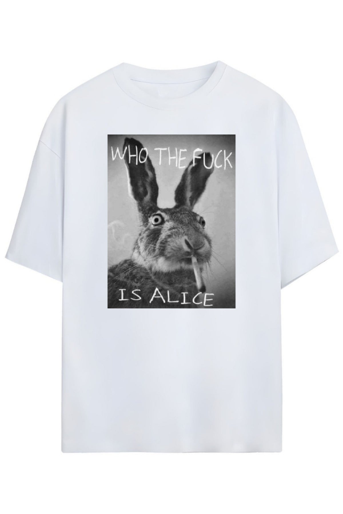 Beyaz Alice In Wonderland Tasarımı Yazılı Komik T-Shirt - 96