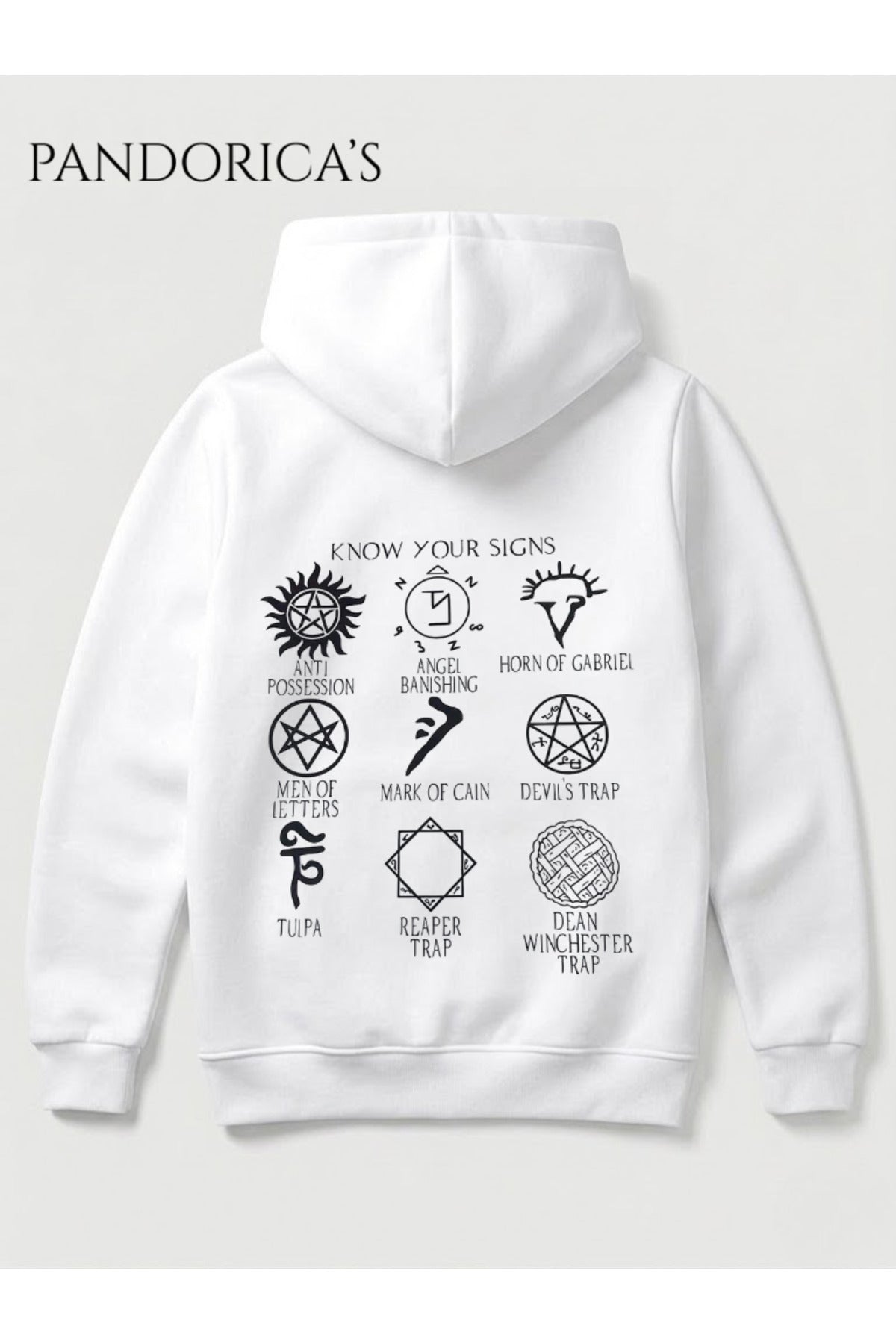 Supernatural Tasarımı "Know Your Signs" Yazılı Sırt Ve Ön Baskılı Unisex Kapüşonlu Pamuklu Sweatshirt Hoodie