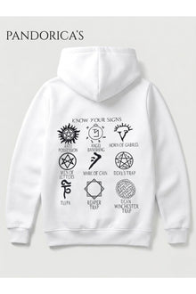 SUPERNATURAL Tasarımı "KNOW YOUR SIGNS" Yazılı SIRT ve ÖN Baskılı Unisex Kapüşonlu Pamuklu Sweatshirt Hoodie
