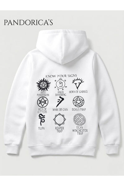 SUPERNATURAL Tasarımı "KNOW YOUR SIGNS" Yazılı SIRT ve ÖN Baskılı Unisex Kapüşonlu Pamuklu Sweatshirt Hoodie