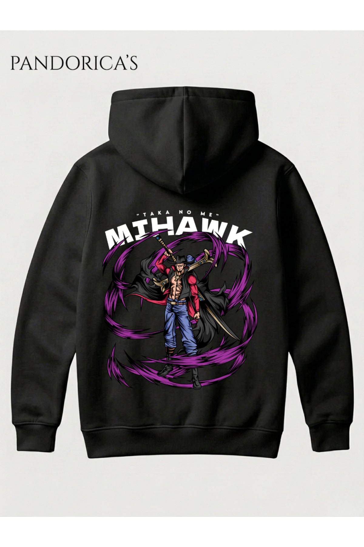 One Piece Özel Tasarım Serisi " Taka No Me Mihawk" Yazılı Sırt Baskılı Unisex Kapüşonlu Pamuklu Sweatshirt (Hoodie)
