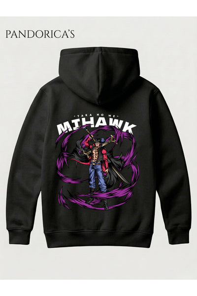One Piece Özel Tasarım Serisi " TAKA NO ME MIHAWK" Yazılı Sırt Baskılı Unisex Kapüşonlu Pamuklu Sweatshirt (Hoodie)
