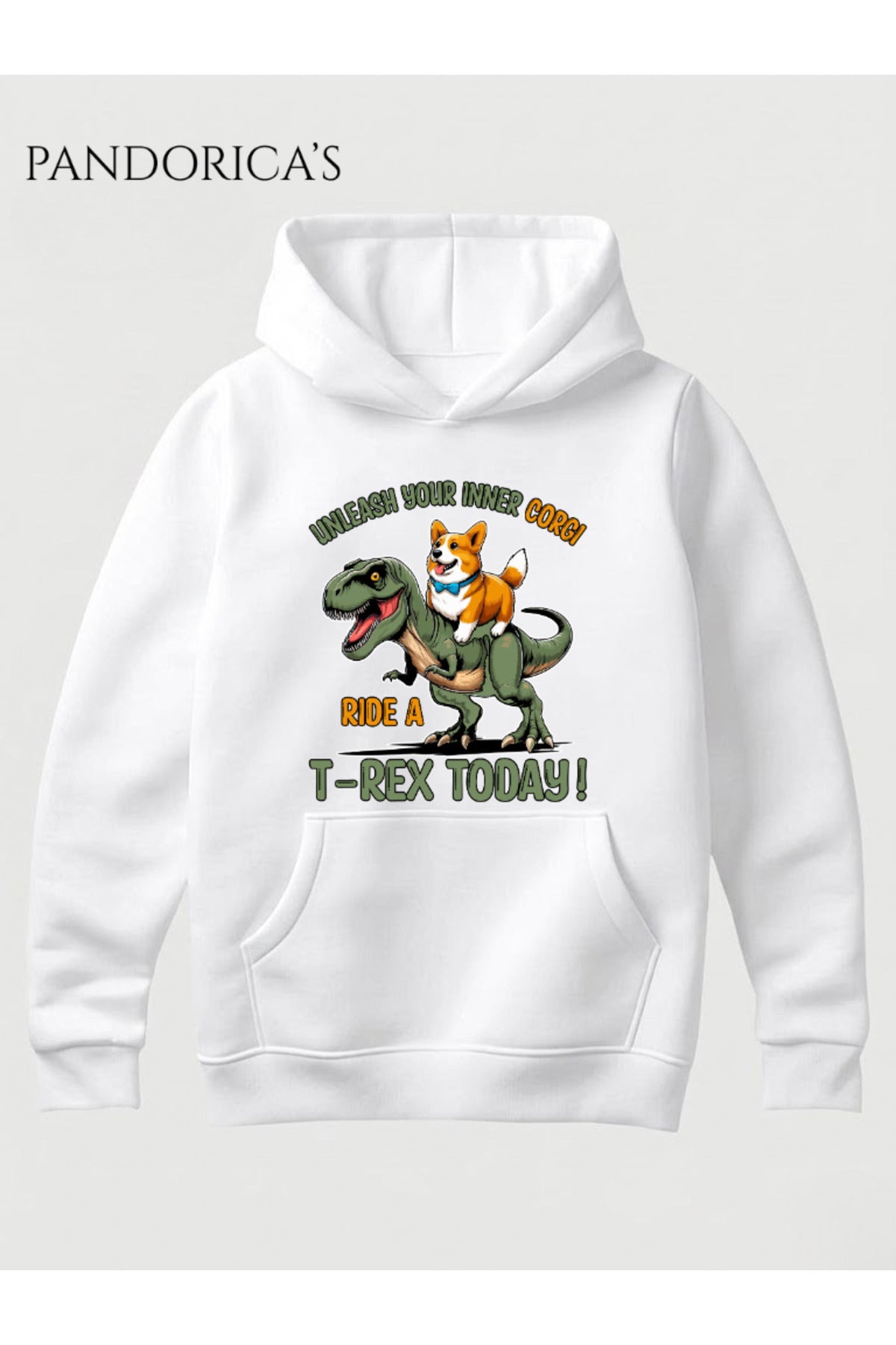 Beyaz Dino Tasarım Serisi "Unleah Your Inner Corgi Ride A T-Rex Today" Yazılı Baskılı Unisex Kapüşonlu Pamuklu Sweatshirt (Hoodie) - 29
