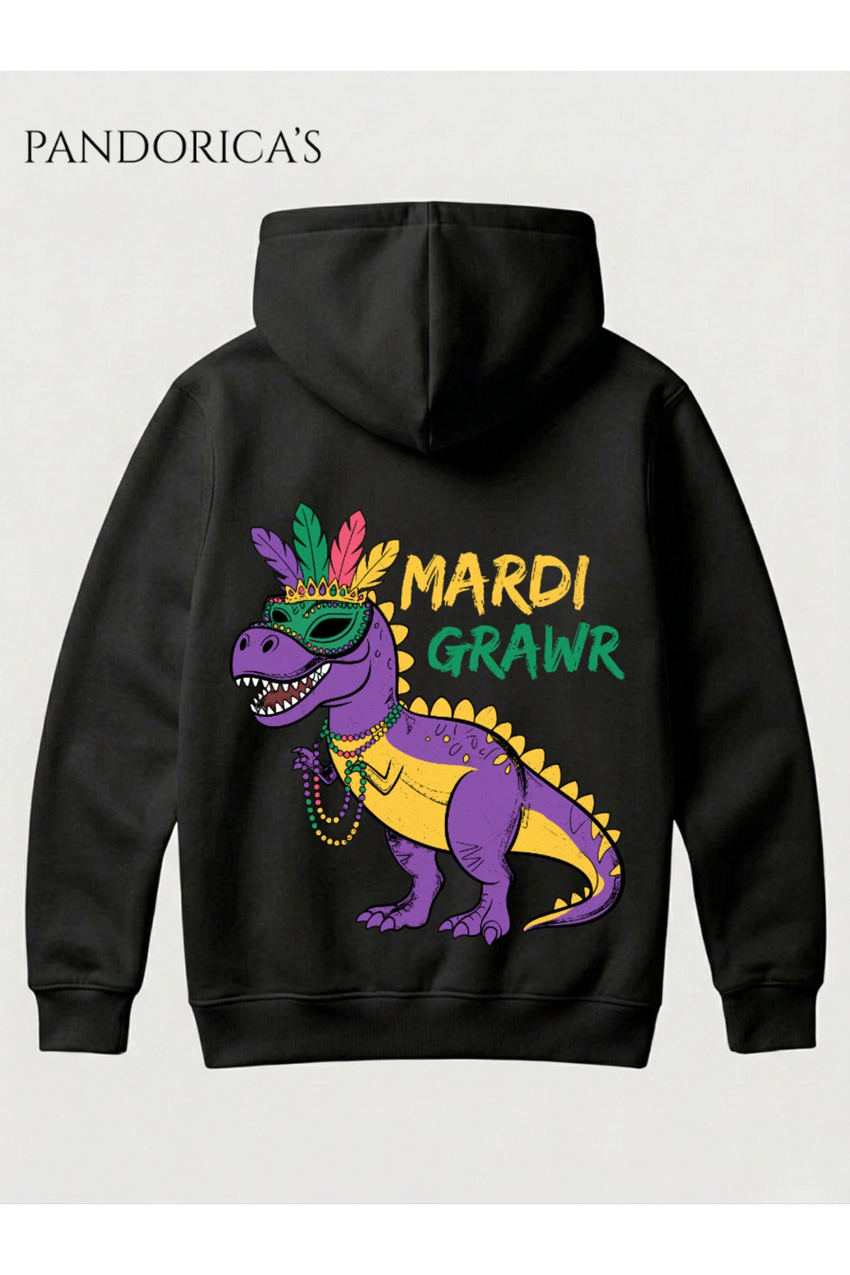 Siyah Dino Tasarım Serisi "Mardi Grawr" Yazılı Sırt Baskılı Unisex Kapüşonlu Pamuklu Sweatshirt (Hoodie) - 17