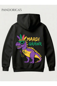 DİNO Tasarım Serisi "MARDI GRAWR" Yazılı Sırt Baskılı Unisex Kapüşonlu Pamuklu Sweatshirt (Hoodie)