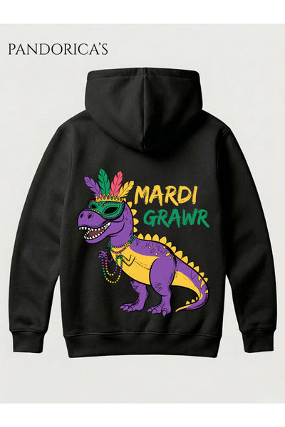 DİNO Tasarım Serisi "MARDI GRAWR" Yazılı Sırt Baskılı Unisex Kapüşonlu Pamuklu Sweatshirt (Hoodie)