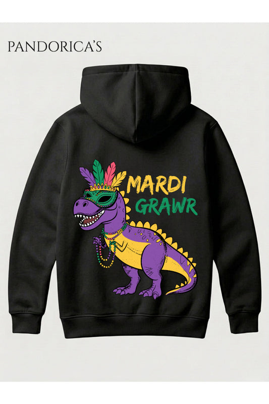 DİNO Tasarım Serisi "MARDI GRAWR" Yazılı Sırt Baskılı Unisex Kapüşonlu Pamuklu Sweatshirt (Hoodie)