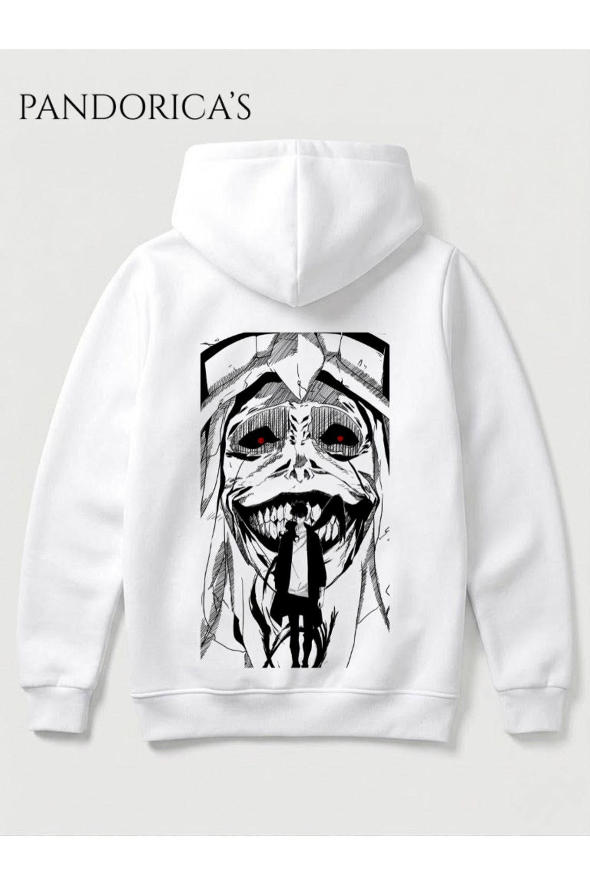 Beyaz Solo Leveling Anime Tasarımı Smile Yazılı "Statue Of God" Sırt Ve Ön Baskılı Yazılı Baskılı Unisex Kapüşonlu Pamuklu Sweatshirt Hoodie - 15