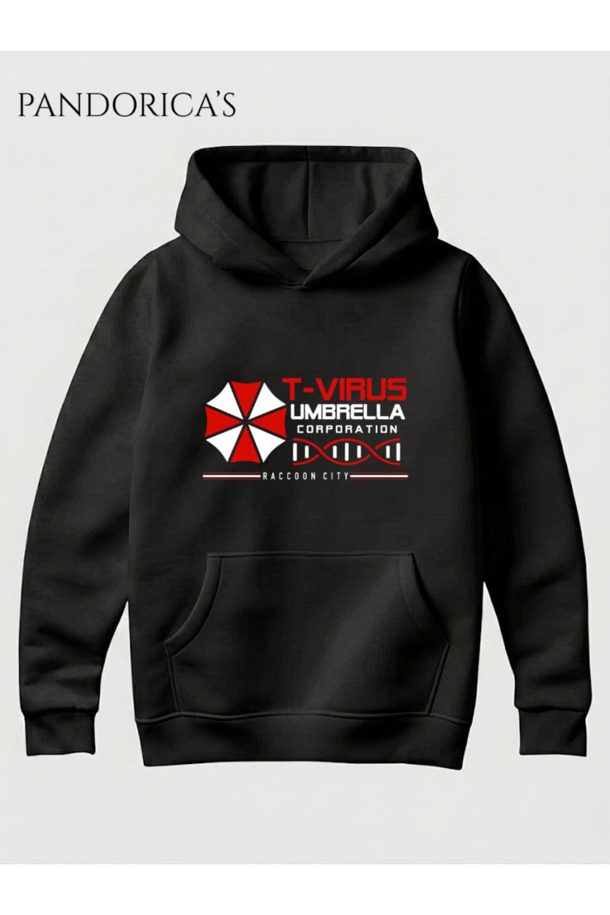 Siyah Resident Evil "Umbrella Corporation T-Virus" Tasarımı Yazılı Baskılı Unisex Kapüşonlu Pamuklu Gamer Sweatshirt Hoodie - 24