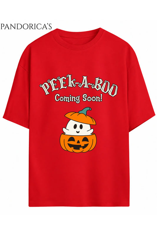 Kadın Hamile Temalı "Peek A Boo Coming Soon" Yazılı Cadılar Bayramı Bal Kabağı Baskılı Oversize Pamuklu Tişört Bisiklet Yaka