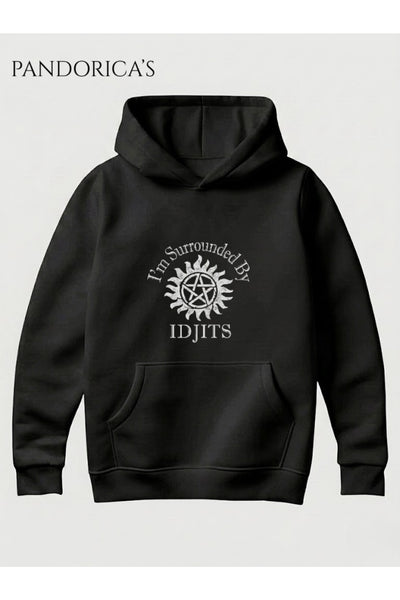 SUPERNATURAL Tasarımı "I'M SURROUNDED BY IDJITS" İkonik BOBY SINGER Repliği Yazılı Baskılı Unisex Kapüşonlu Pamuklu Sweatshirt Hoodie