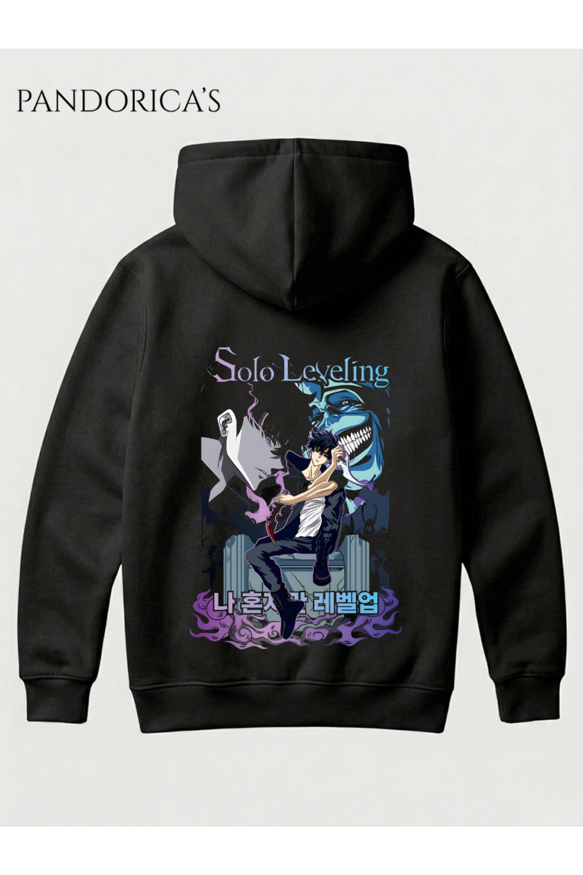 Siyah Solo Leveling Anime Tasarımı Yazılı "Statue Of God Ve Sung Jinwoo" Sırt Baskılı Unisex Kapüşonlu Pamuklu Sweatshirt Hoodie - 78
