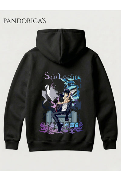 SOLO LEVELING ANİME Tasarımı Yazılı "STATUE OF GOD VE SUNG JİNWOO" SIRT Baskılı Unisex Kapüşonlu Pamuklu Sweatshirt Hoodie