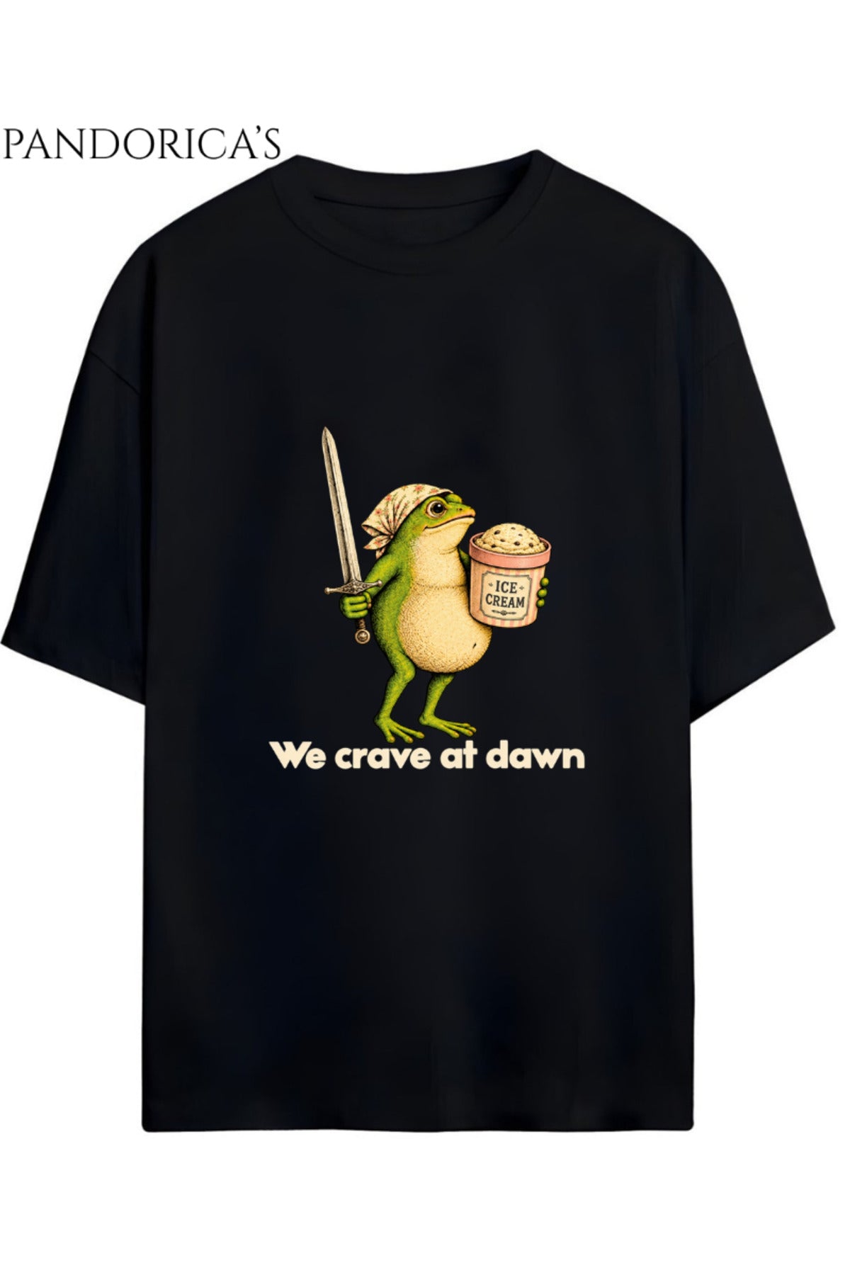 Siyah Kadın Hamile Temalı "We Crave At Dawn" Yazılı Dondurma Sevimli Kurbağa Baskılı Oversize Pamuklu Tişört Bisiklet Yaka