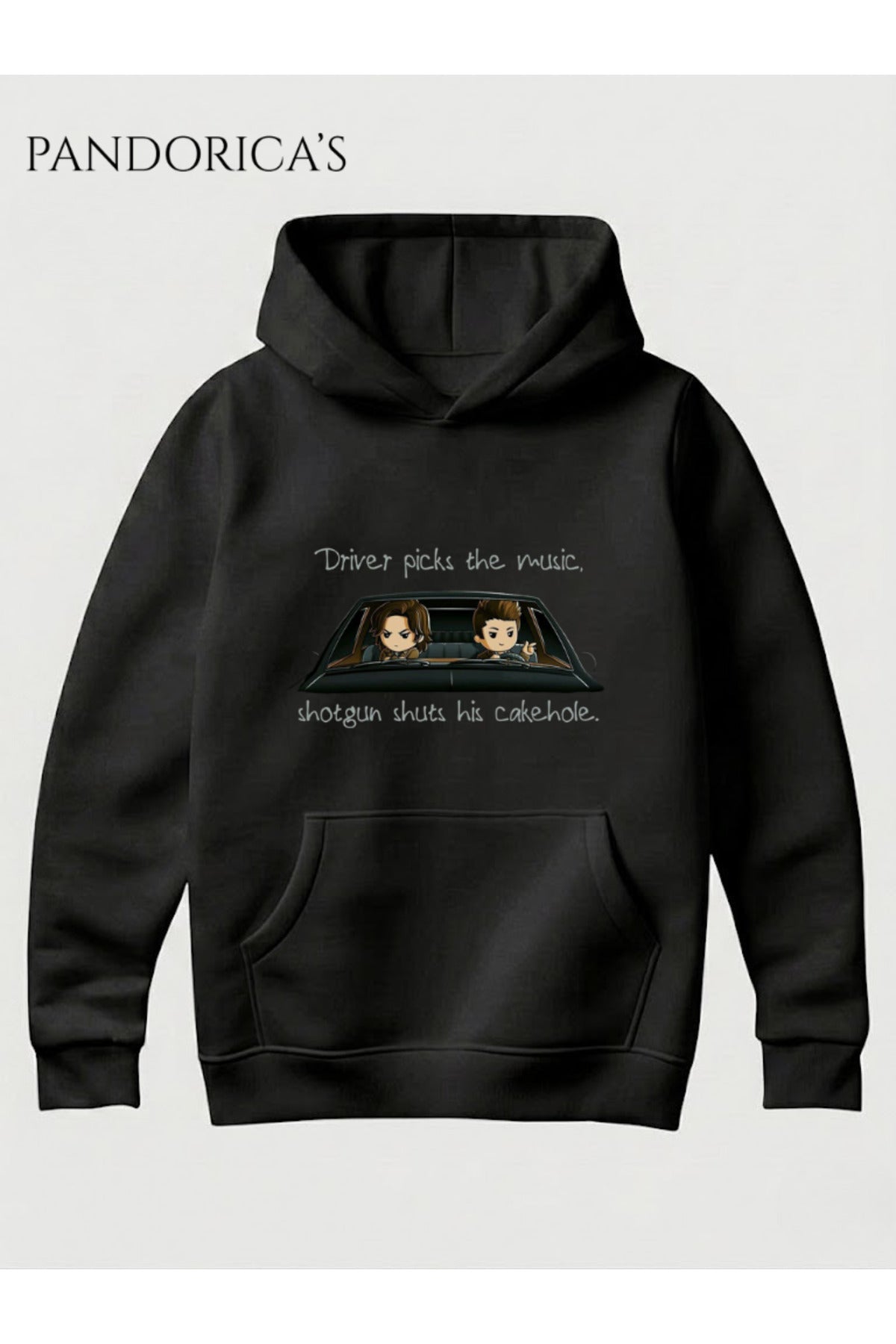Siyah Supernatural Tasarımı "Driver Picks The Music Shotgun Shuts His Cakehole" İkonik Replik Yazılı Baskılı Unisex Kapüşonlu Pamuklu Sweatshirt Hoodie - 177